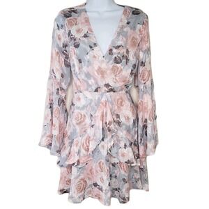 Francesca's Mi Ami Bell Sleeve Dress Sz S‎ Sheer Soft Floral Boho Fairy Coquette